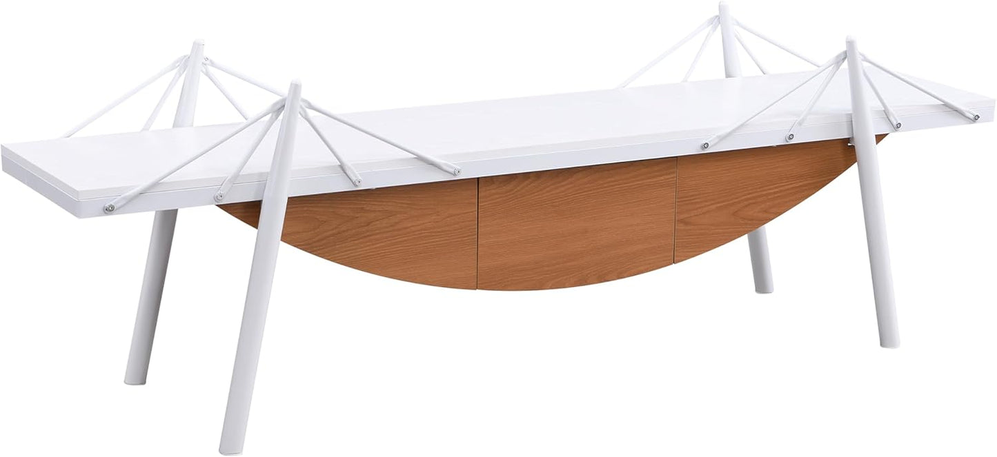 1 Tier Modern Boat-Shaped Bookshelf with Drawer, White & Brown, 70.9" Long Horizontal Low Shelf for Storage Display Decoration, Sturdy MDF & Metal Industrial Frame, for Living Room