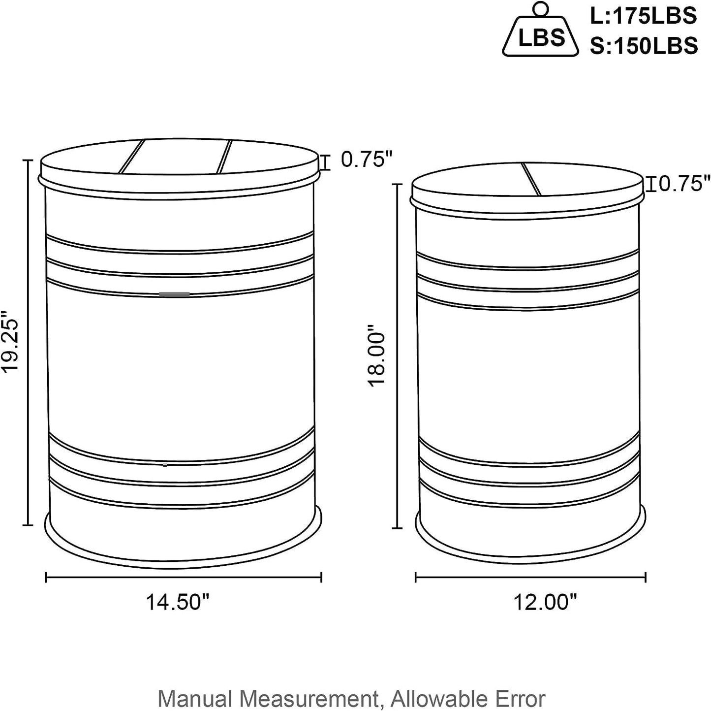 Glitzhome Farmhouse Accent Side Table, Metal Storage Stool Ottoman with Round Lid - Galvanized Coffee Cocktail End Tables Set of 2 for Living Room Bedroom, Grey
