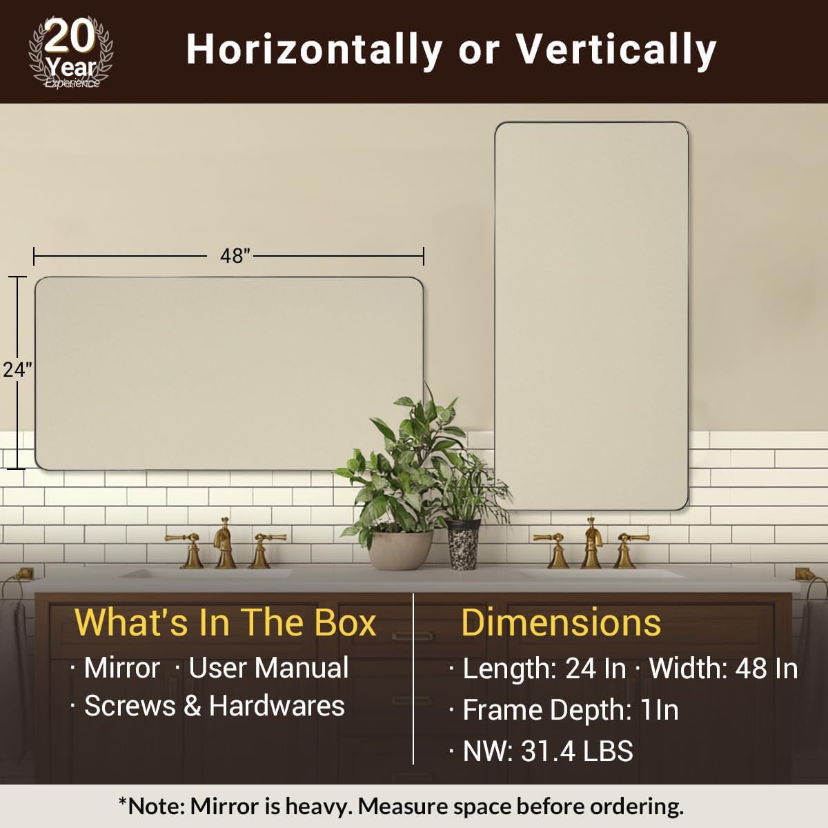 ANDY STAR Brushed Nickel Mirrors for Bathroom Sink, 24x48 Inch Bathroom Vanity Mirror with Rectangular Metal Frame-Modern Clean Design with Superior Stainless Steel Frame