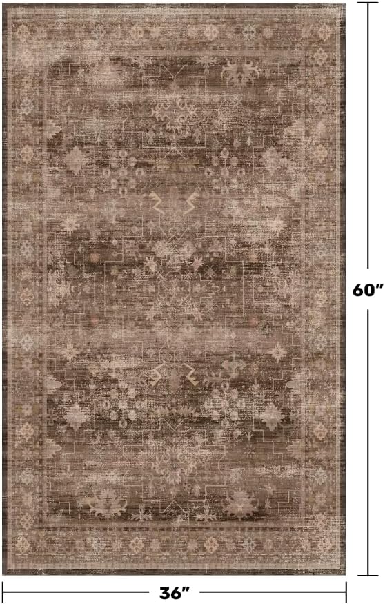 Boho Taupe Brown 3x5 Large Entryway Rug - Modern Vintage Traditional Eclectic Oriental Neutral, Washable Low Pile Non-Slip Area Rugs for Door Mat Indoor Entrance, Kitchen, Laundry