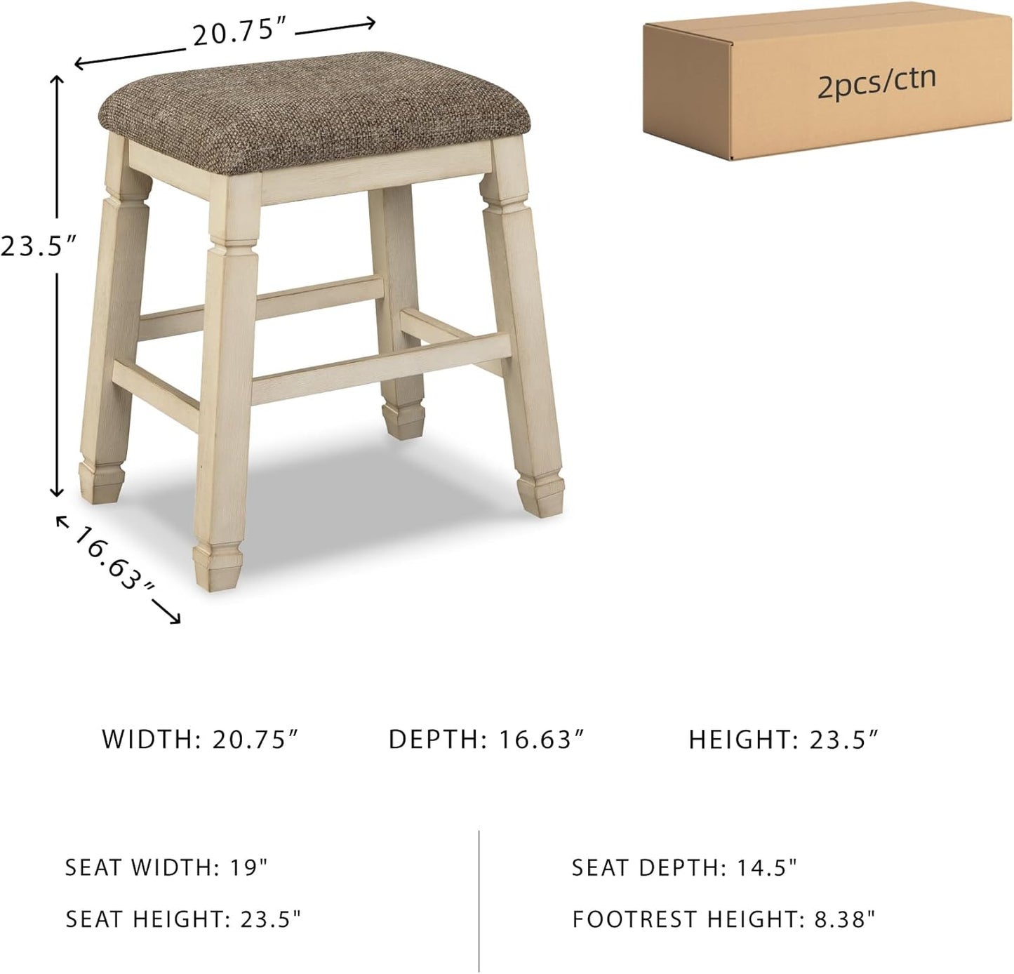 Signature Design by Ashley Bolanburg Farmhouse 24" Counter Height Upholstered Barstool, 2 Count, Whitewash