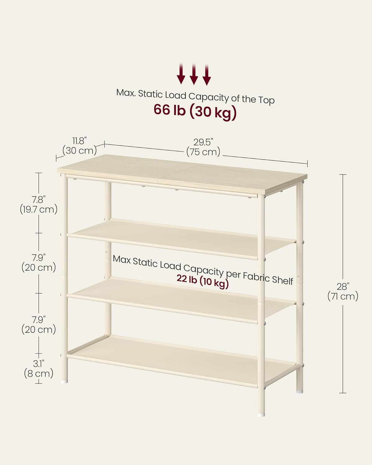VASAGLE Shoe Rack, 4-Tier Shoe Storage Organizer for Entryway and Closet, Holds 9-12 Pairs of Shoes, 3 Fabric Shelves, Steel Frame, Modern, Natural Beige and Pearl White ULBS035K01