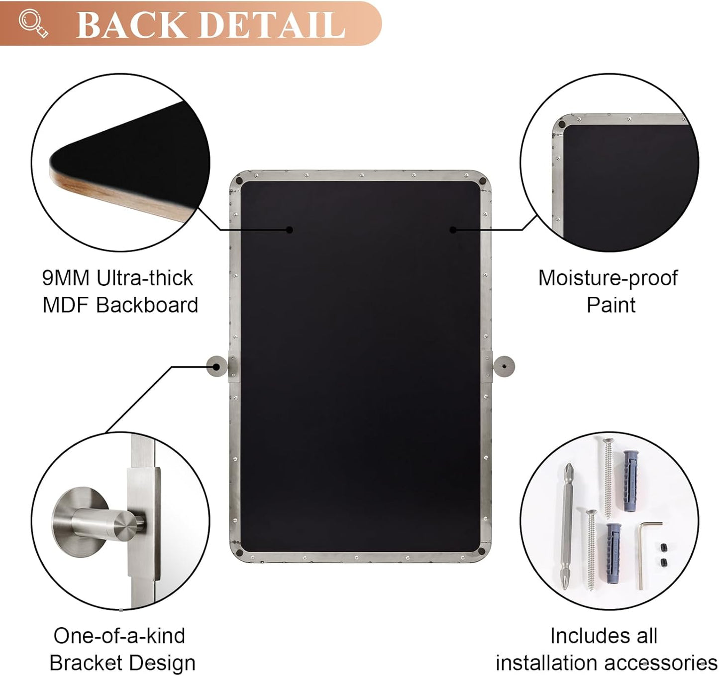 MOON MIRROR 20" x 28" Brushed Nickel Metal Framed Pivot Rectangle Bathroom Mirror, Silver Tilting Rounded Rectangular Vanity Mirror for Wall Mounted Hangs Vertical Only