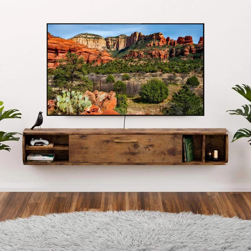 Floating TV Unit, 67'' Wall Mounted TV Cabinet, Floating Shelves with 4 Cabinets, Wooden Entertainment Media Console Center Large Storage TV Bench for Living Room & Office (Rustic Brown)