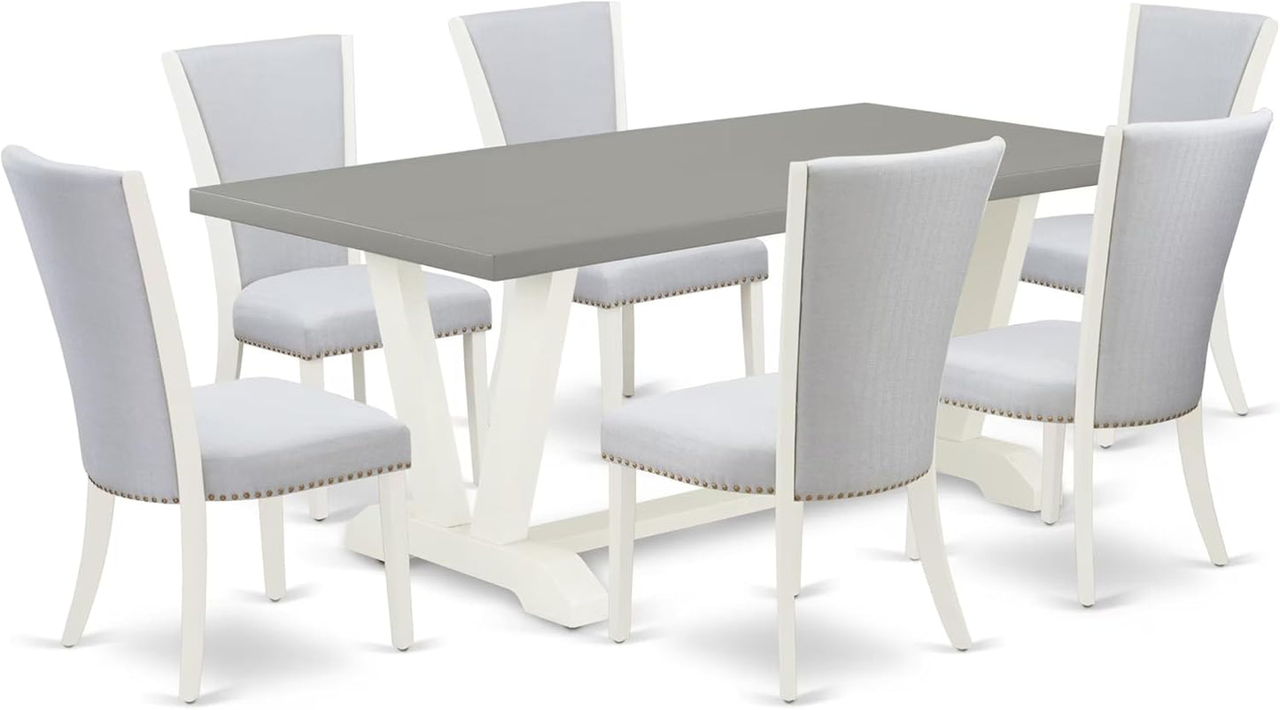 East West Furniture V097VE005-7 7 Piece Modern Dining Table Set Consist of a Rectangle Wooden Table with V-Legs and 6 Grey Linen Fabric Parson Dining Chairs, 40x72 Inch, Multi-Color