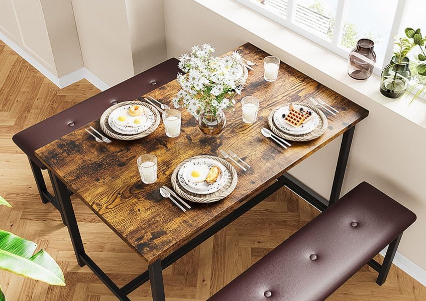 Dining Table Set for 4, Kitchen Table with 2 Upholstered Benches, 3-Piece Dining Room Set for Kitchen, Apartment and Small Spaces, Brown