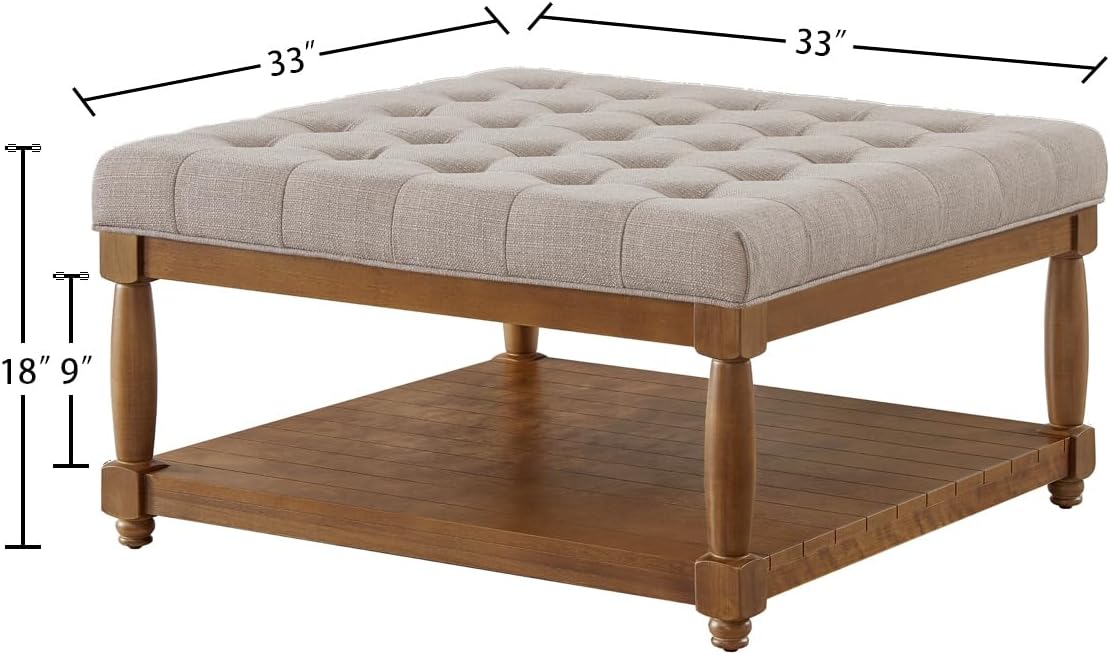 24KF Upholstered Square Coffee Table with Wooden Shelf, Tufted Button Large Square Ottoman with Spindle Wooden Legs, Linen Large Footrest Ottoman Pouf for Living Room, Linen