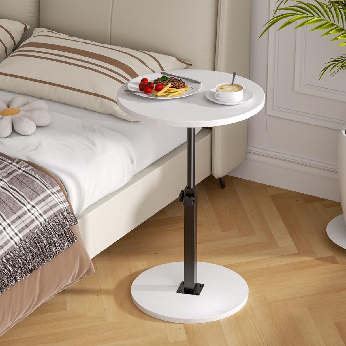 Adjustable Side Table, Round End Table, Small Bedside Table, Mid Century Modern Nightstand for Living Room, Bedroom, Corners and Office (White)