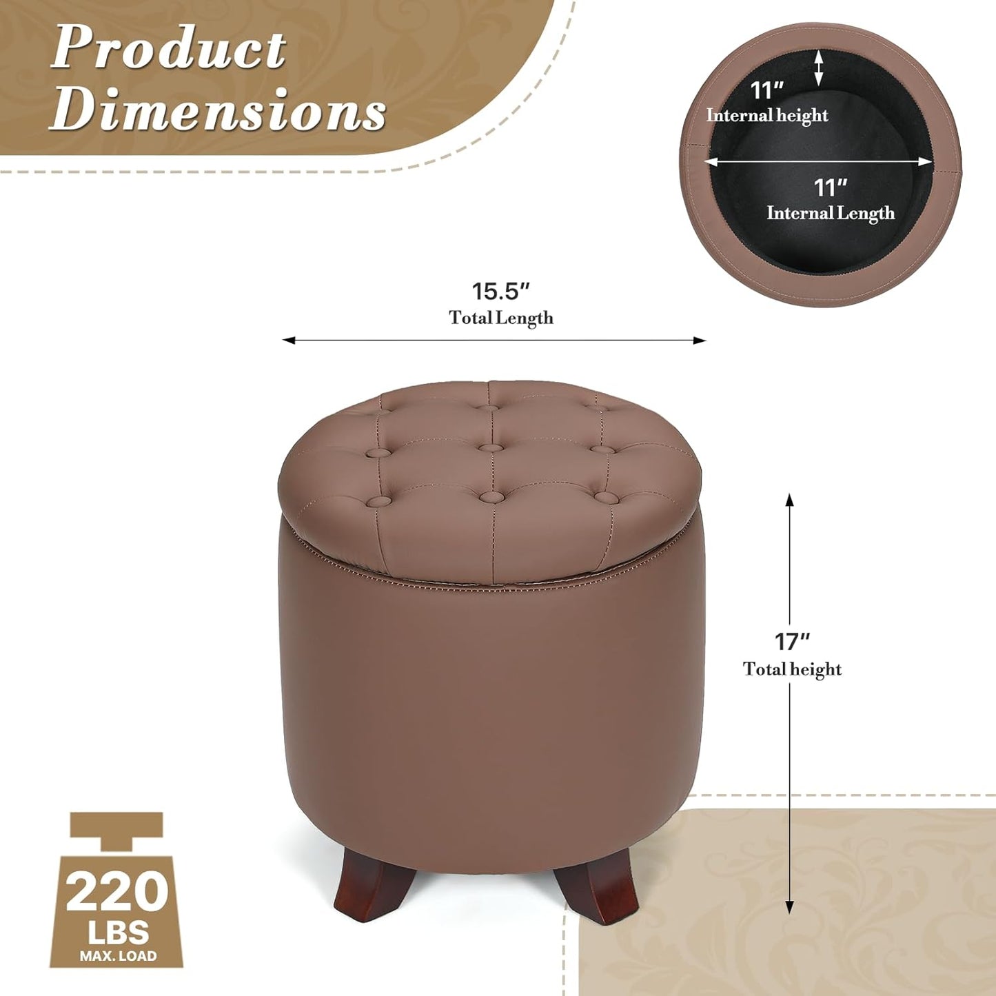 Athena Collection 15 Inch Small Ottoman with Storage, Round PU Leather Storage Ottoman Foot Rest with Removable Lid, Multipurpose Footstool Footrest for Living Room, Bedroom, Dorm, Brown