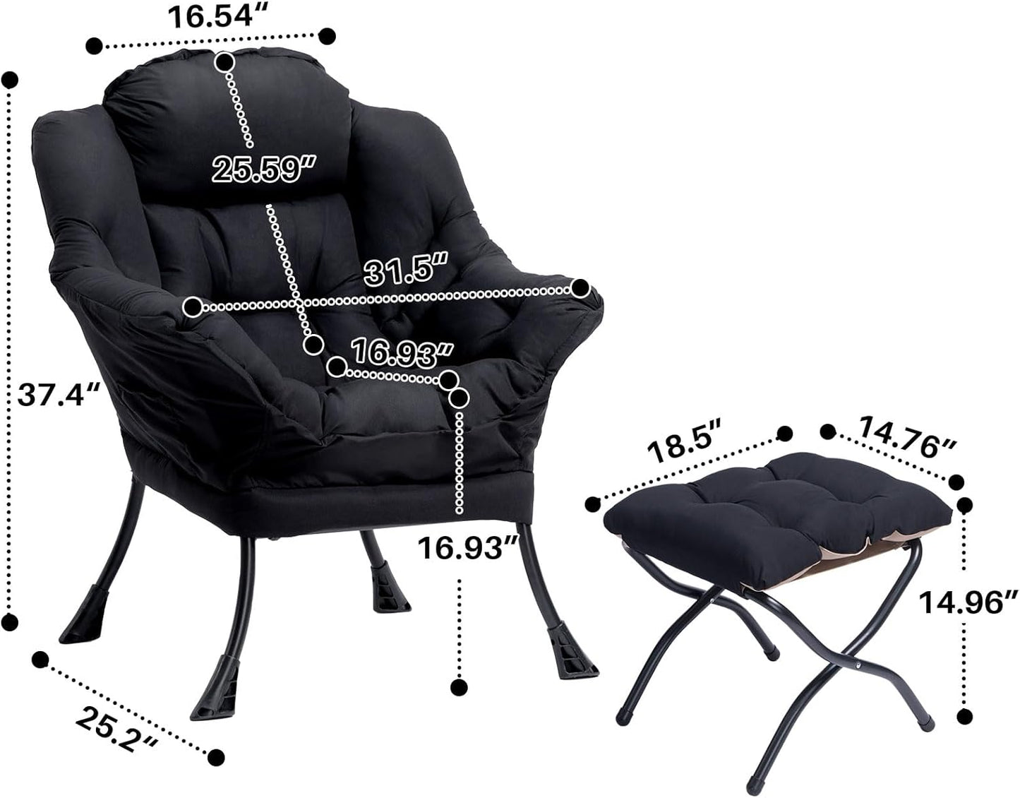 HollyHOME Fabric Lazy Chair with Foldable Ottoman, Accent Comfy Lounge Arm Chair and Folding Footrest Stool Set, Leisure Sofa Reading Chair and Footstool for Living Room, Bedroom, Dorm, Matte Black