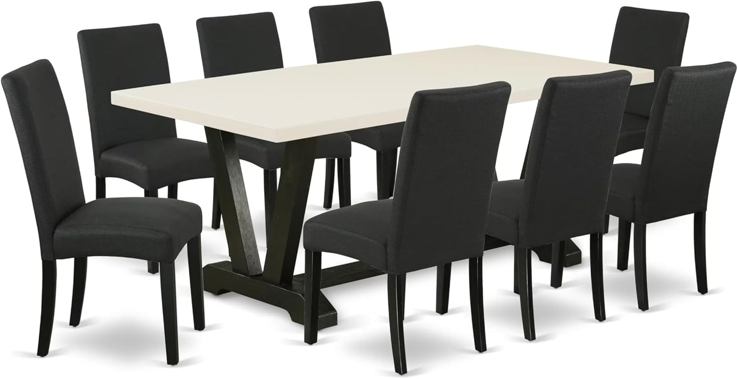 East West Furniture V627DR124-9 9 Piece Dining Set Includes a Rectangle Dining Room Table with V-Legs and 8 Black Color Linen Fabric Upholstered Parson Chairs, 40x72 Inch, Multi-Color