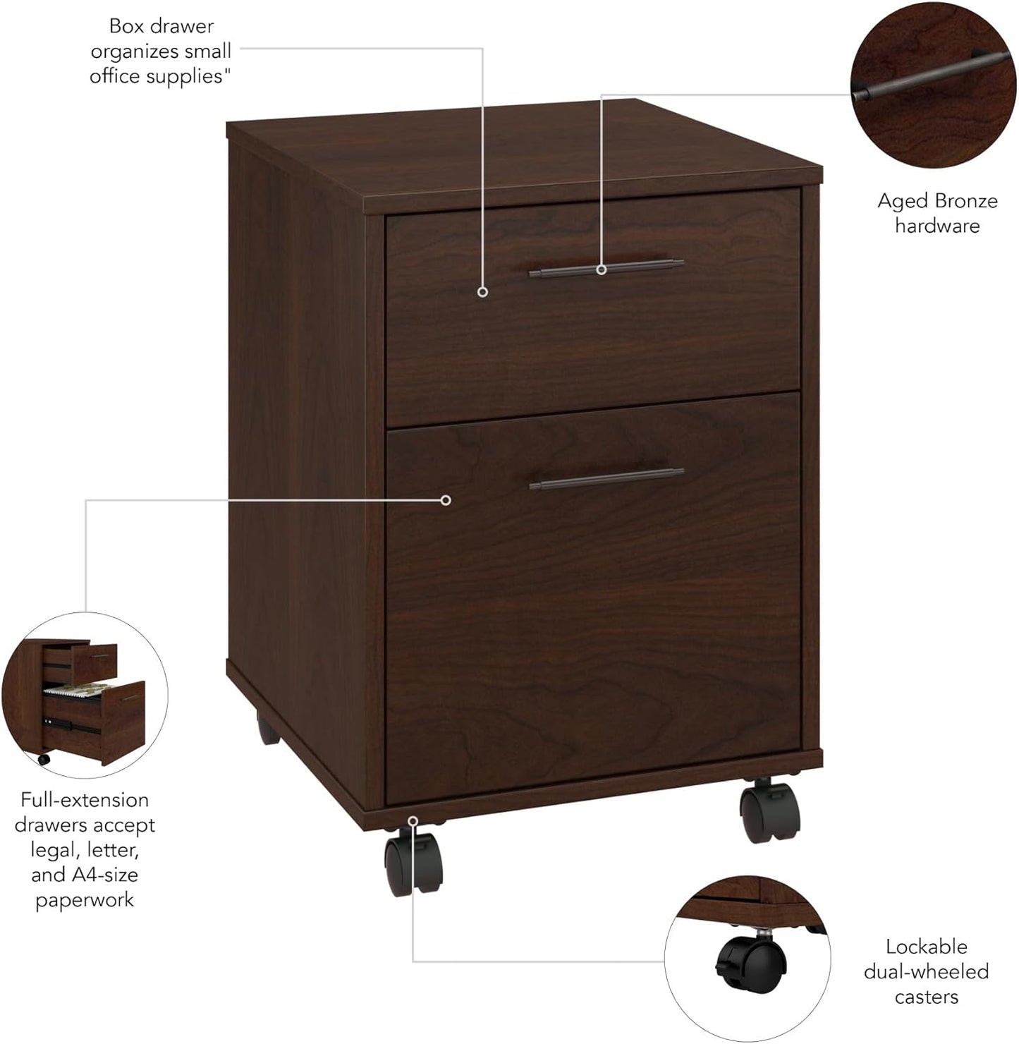 Bush Furniture Key West Rolling Cart for Home Office, 2 Drawer File Cabinet on Wheels, 15.51"W x 15.75"D x 22.28"H, Bing Cherry