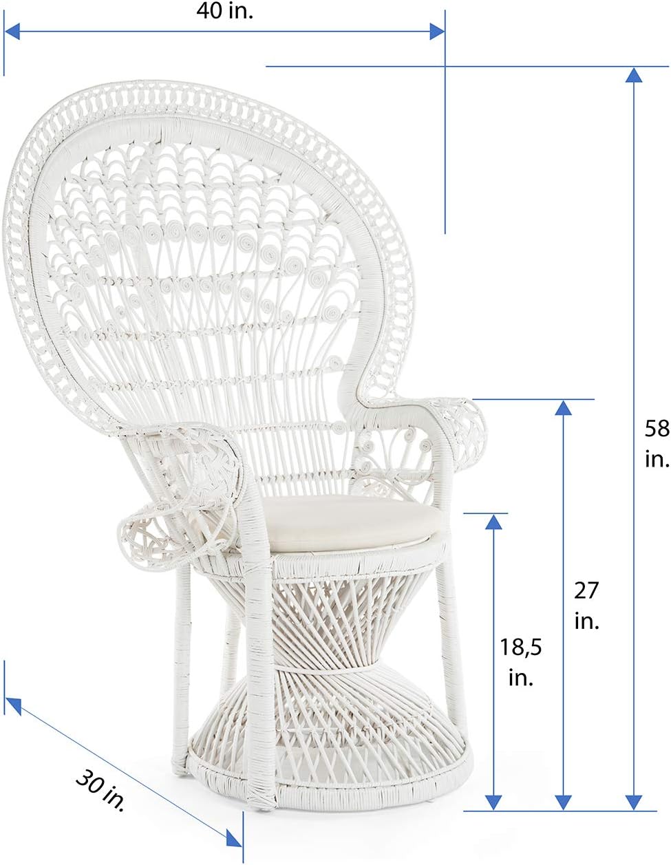 KOUBOO Peacock Grand Peacock Chair, Rattan Chair, Handmade, Accent Chair, Vintage, Retro, Boho, Furniture, Sunroom, White