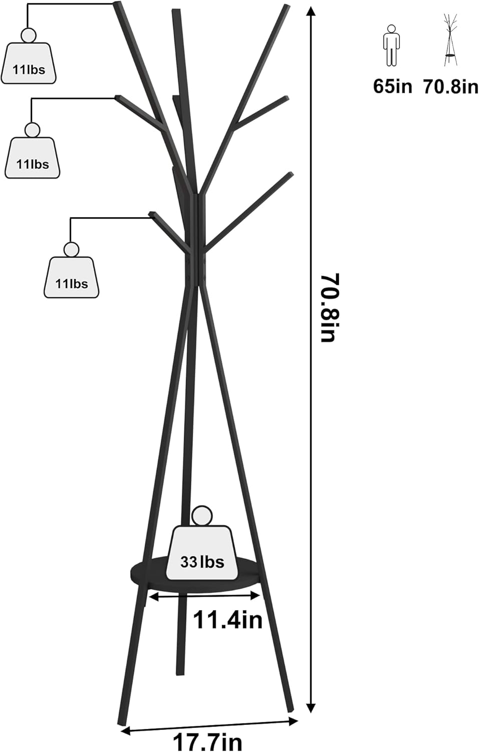 Coat Rack Hat Stand Free Standing Display Hall Tree Metal Hat Hanger Garment Storage Holder with 9 Hooks for Clothes Hats and Scarves in Black,17.72"Wx17.72"Dx70.87"H (Black)