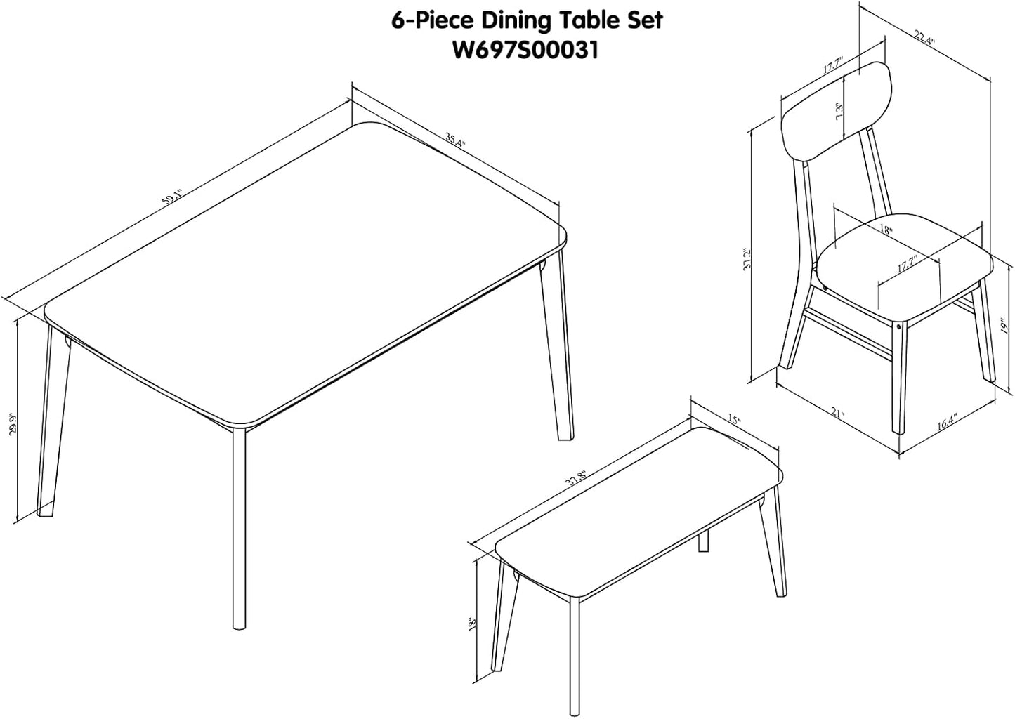 Ball & Cast 6-Piece Dining Table Set,59" Rectangular Dining Table with High Gloss White top, and 4 Upholstered Chairs & 1 Bench for Dining Room and Kitchen, Light Oak