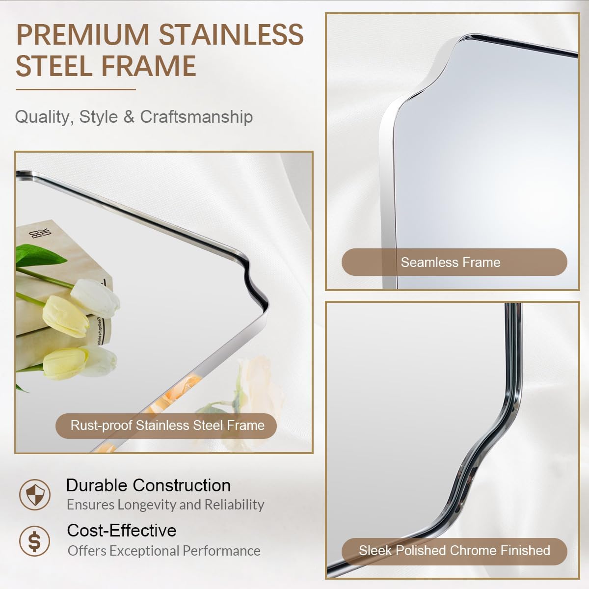 ANDY STAR Chrome Bathroom Mirror, 30x40 Inch Polished Chrome Rectangle Mirror, Scalloped Mirror for Bathroom, Anti-Rust Stainless Steel Metal Frame 1’’, Unique Shape Ideal for Home Remodel