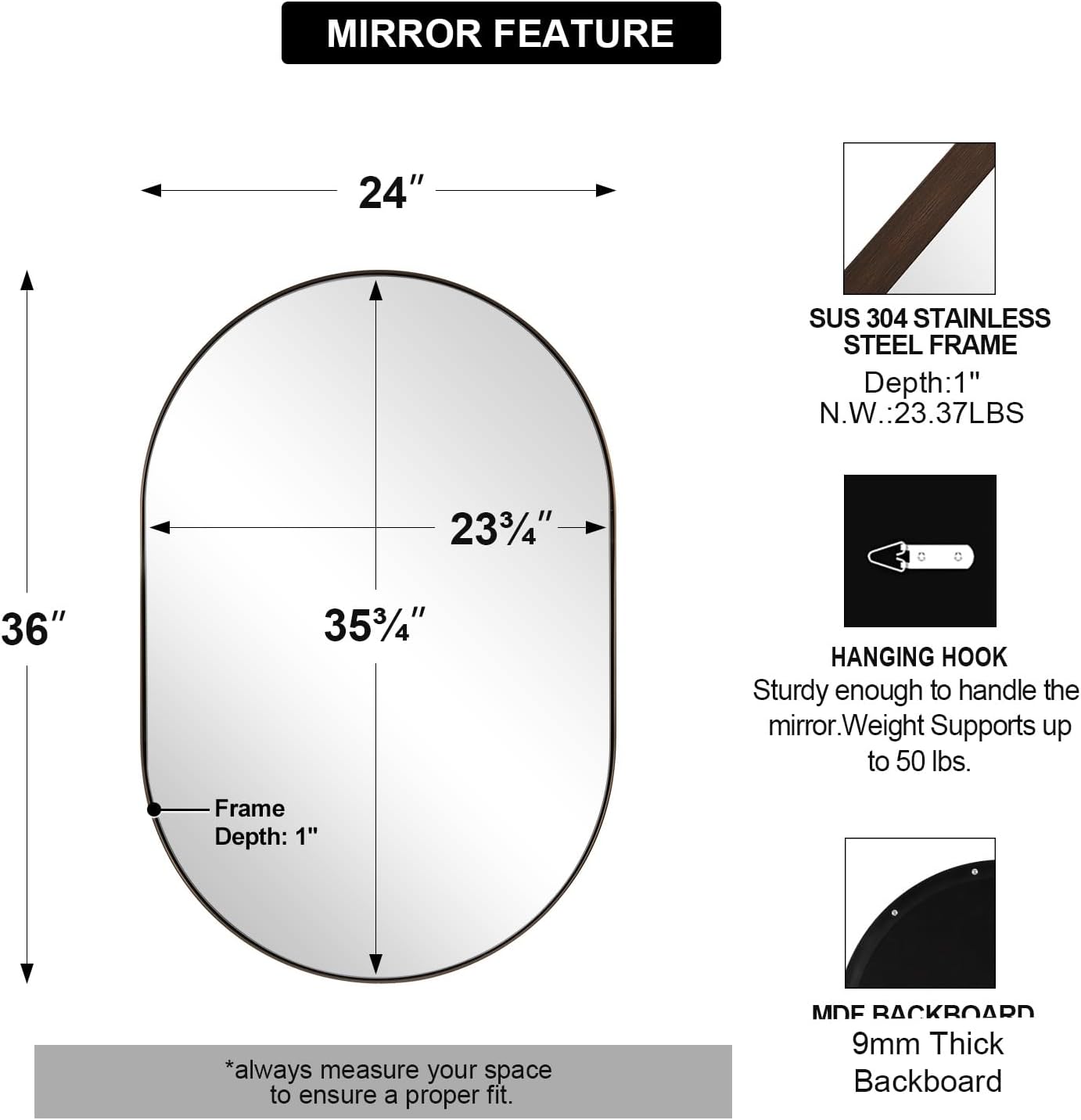 ANDY STAR Bronze Bathroom Mirror, 24x36 Brushed Bronze Oval Mirror, Oval Wall Mirror, Oval Vanity Mirror Metal Frame Deep 1’’ for Bathroom, Bedroom, Living Room, Entryway, Hang Vertical or Horizontal