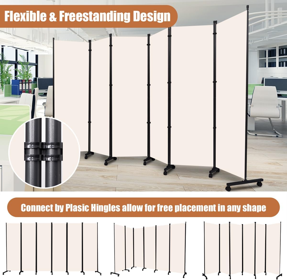 Room Divider Portable 132'' Partition Room Dividers and Folding Privacy Screens 6 Panel Wall Divider for Room Separation, Freestanding Fabric Room Divider Panel with Wheels for Home Office Hospital