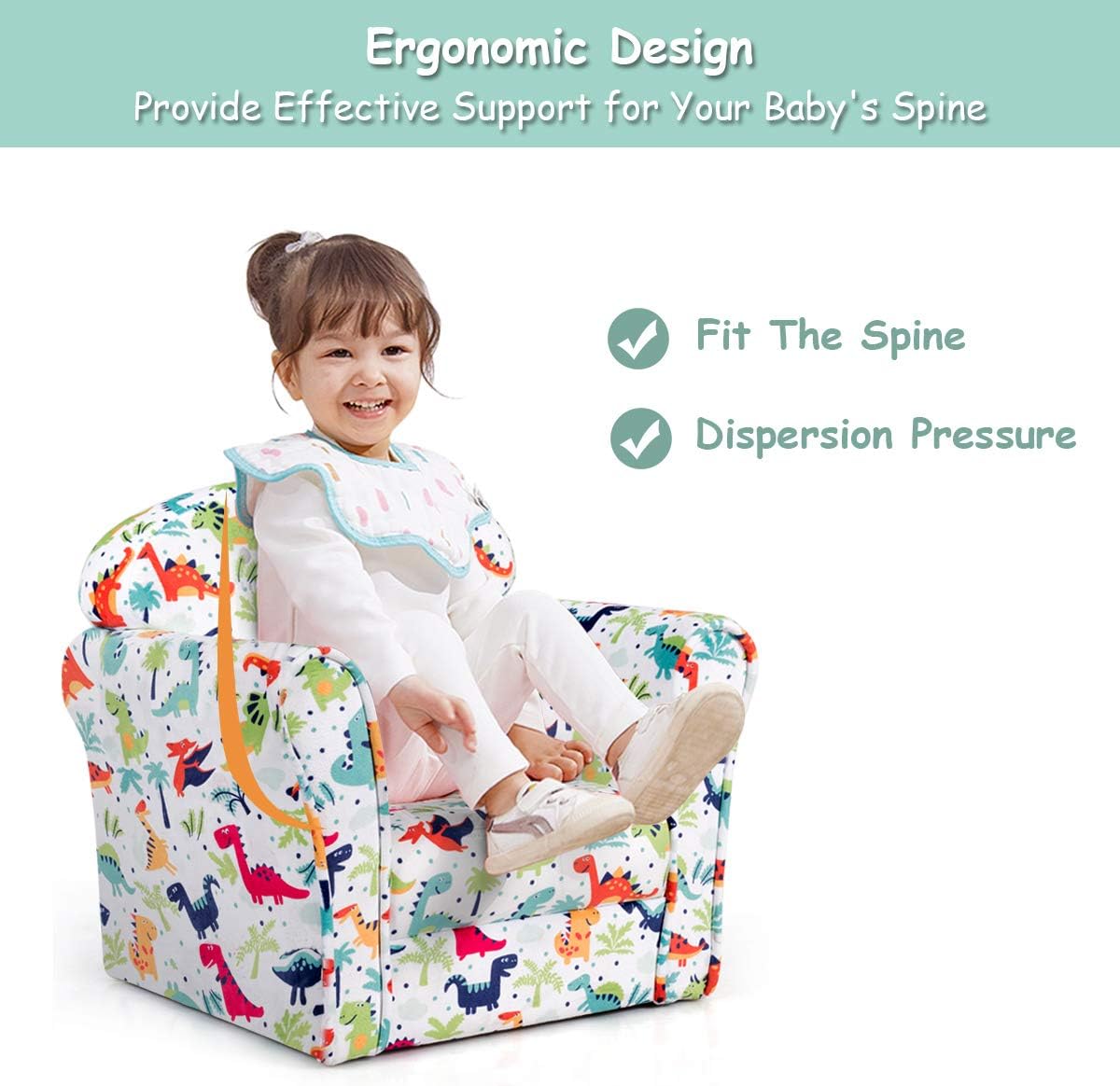 Costzon Kids Couch, Children's Sofa Armrest Chair with Pattern, Toddler Furniture w/Sturdy Wood Construction, Preschool, Lightweight Children Couch Sofa Chair for Aged 1-5 Boys & Girls Gifts, Dinosaur