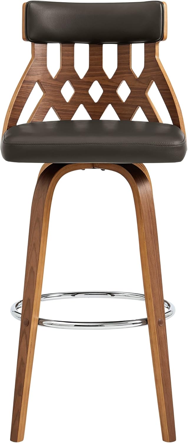 Armen Living Crux Mid Century Modern Swivel Bar Stool for Kitchen Island Counter in Brown Faux Leather and Walnut Wood, 26" Seat Height
