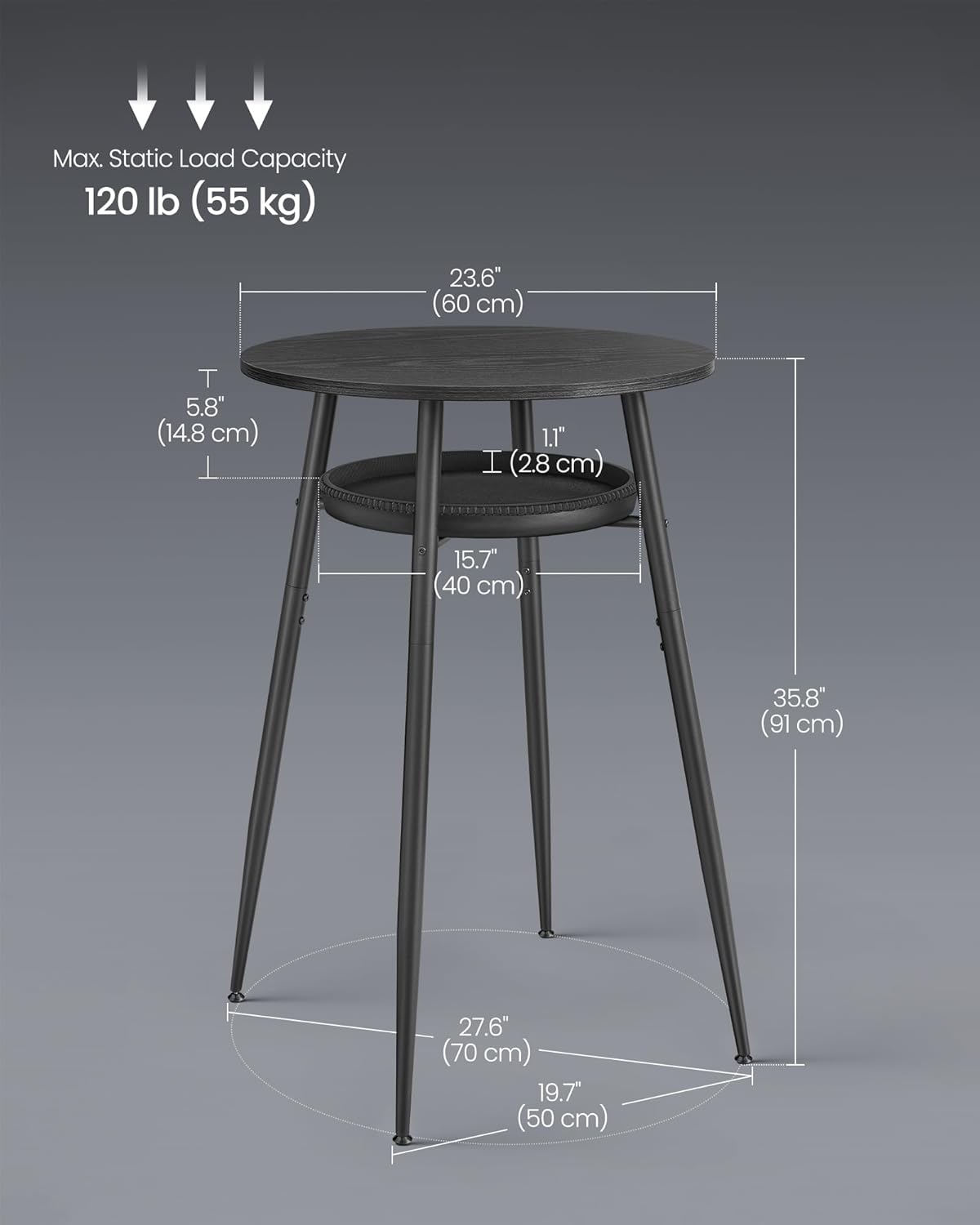 VASAGLE EKHO Collection - Bar Table with Storage, Round High Pub Table, Synthetic Leather with Stitching, Mid-Century Modern, Kitchen Home Bar, Living Room, Easy Assembly, Ebony Black and Ink Black