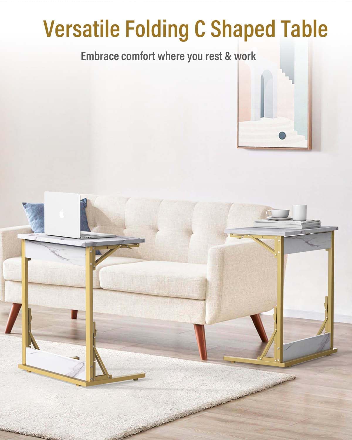 Tatub 24" Folding TV Tray Table, Marble C Shaped End Table for Couch, Small Sofa-Side Laptop Desk with Gold Metal Frame for Living Room, Bedroom, Bedside