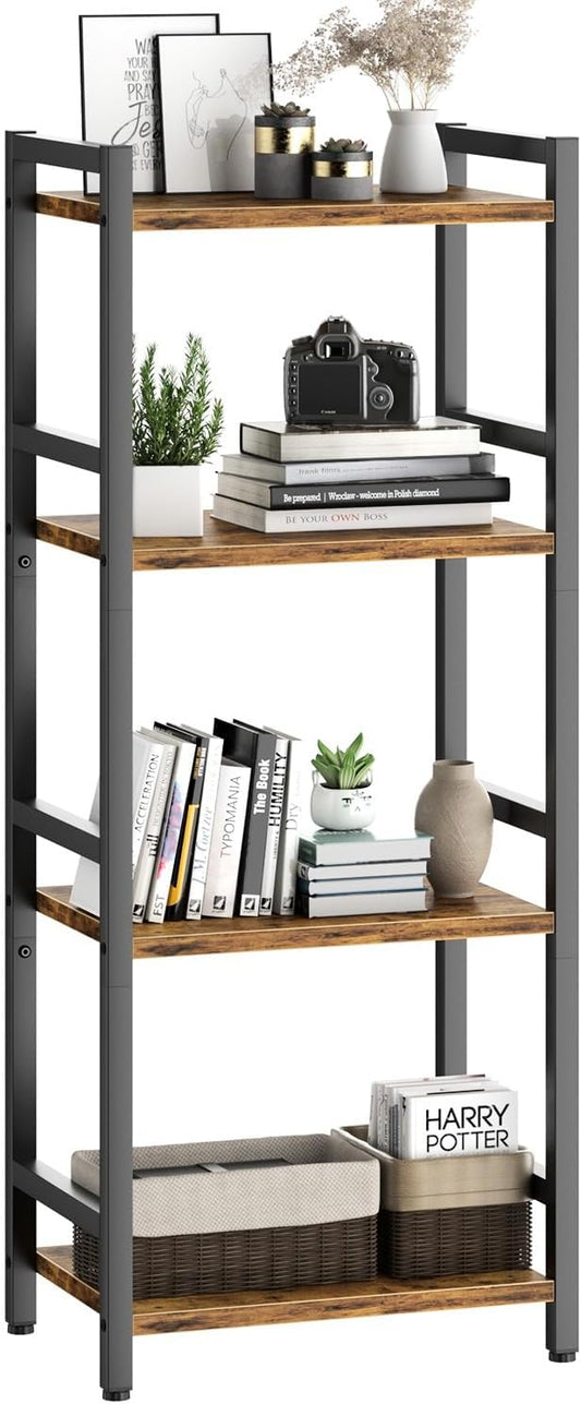 Book Shelf, 4 Tier Bookcase with Steel Frame, Stable Bookshelf Narrow Book Shelves Storage Organizer for Book CD Movie, Open Bookshelves for Living Room, Home Office, Study, Rustic Brown