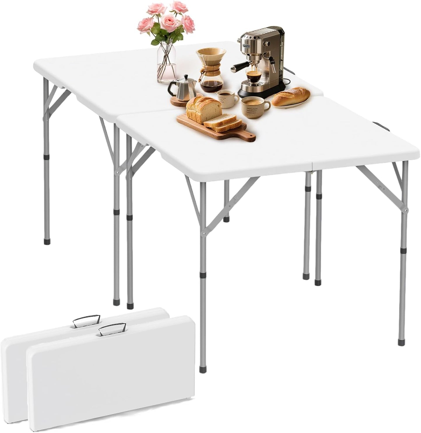 HLPB 34'' Square Folding Card Table 2 Pcs, Fold-in-Half Portable Dining Table with Handle and Safety Lock, Foldable Plastic Dining Table Indoor Outdoor for Camping, Picnic and Party Event, White