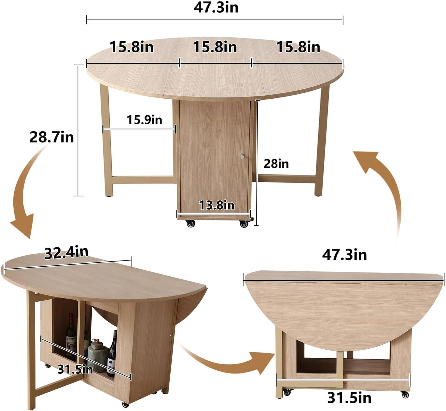 47.3" Round Folding Dining Table for 4-8, Wood Kitchen Foldable Dining Table Large Drop Leaf Dinner Table with Storage Shelf Metal Legs for Home Dining Room Living Room in Wood Color