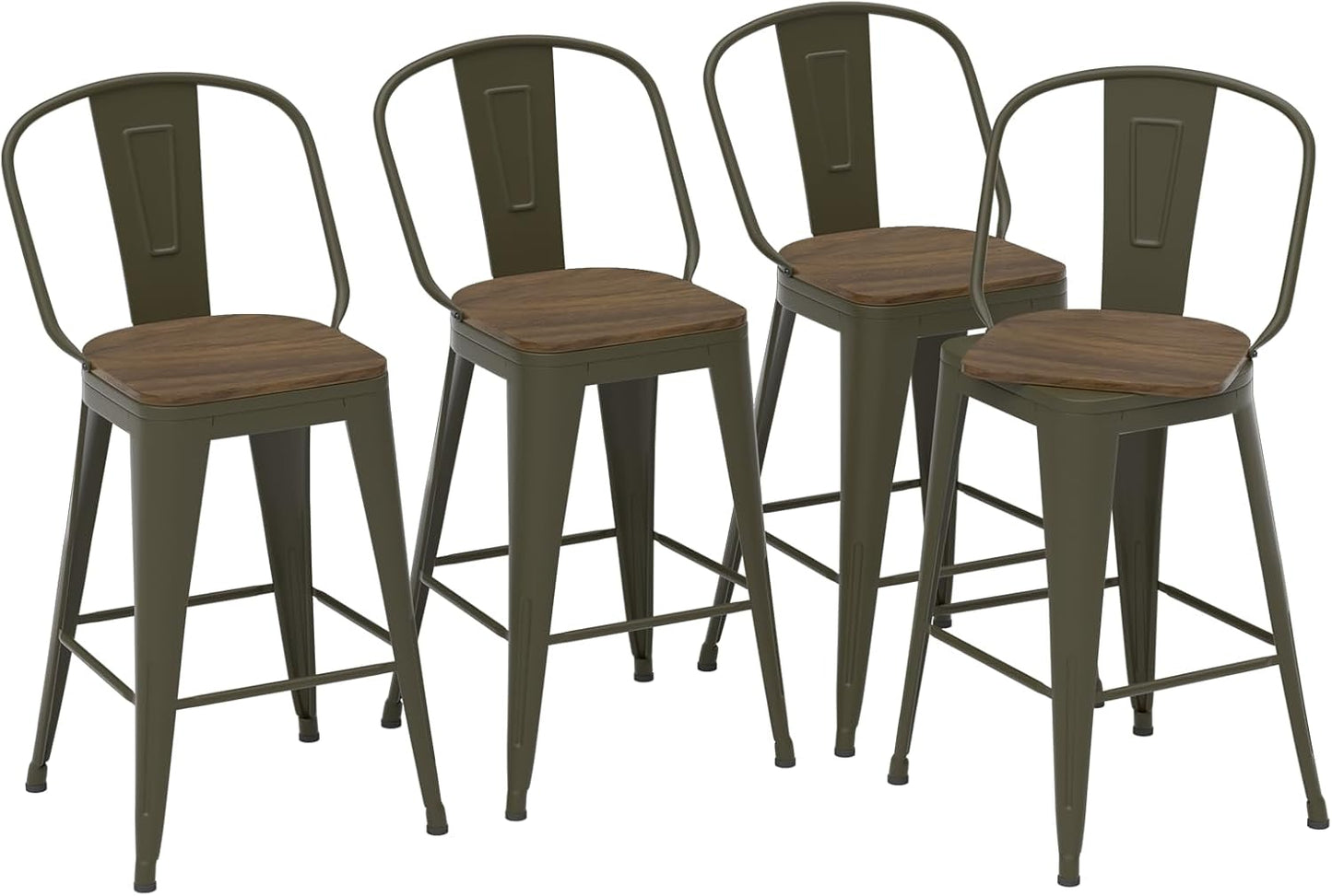 26” Swivel Bar Stools Set of 4, Counter Height Bar Stools Wooden Seat, Metal Industrial Bar Chairs with High Back for Kitchen Island (Rusty)