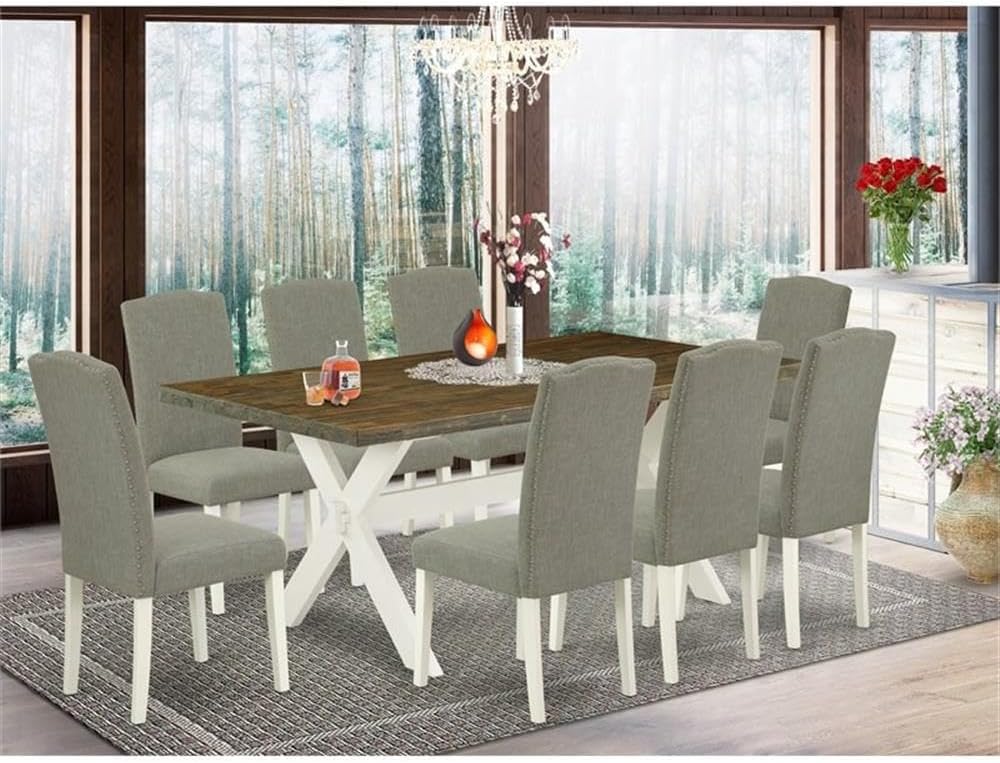 East West Furniture X077EN206-9 9 Piece Dining Set Includes a Rectangle Dining Room Table with X-Legs and 8 Dark Shitake Linen Fabric Upholstered Parson Chairs, 40x72 Inch, Multi-Color