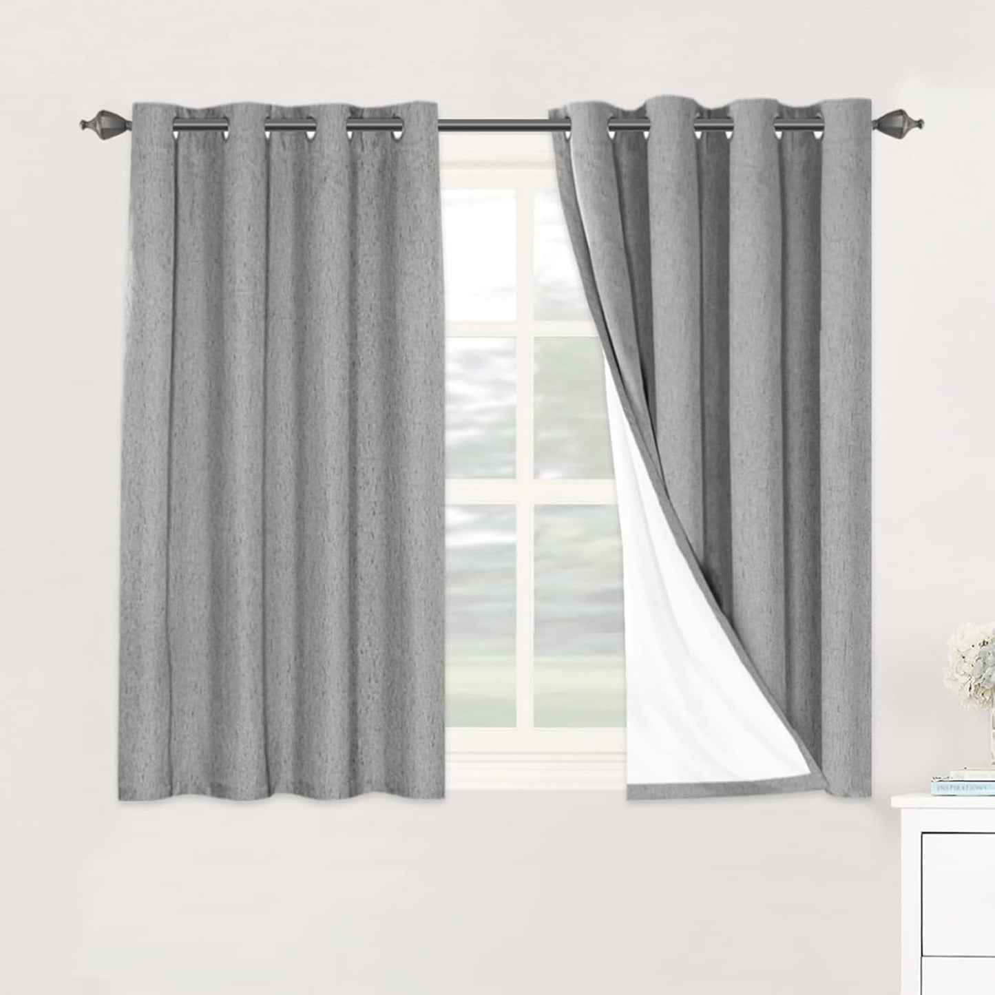H.VERSAILTEX Linen Blackout Curtains 45 Inches Long 100% Blackout Thermal Insulated Textured Linen Look Curtain Draperies Anti-Rust Grommet, Energy Saving with White Liner, 2 Panels, Dove Gray