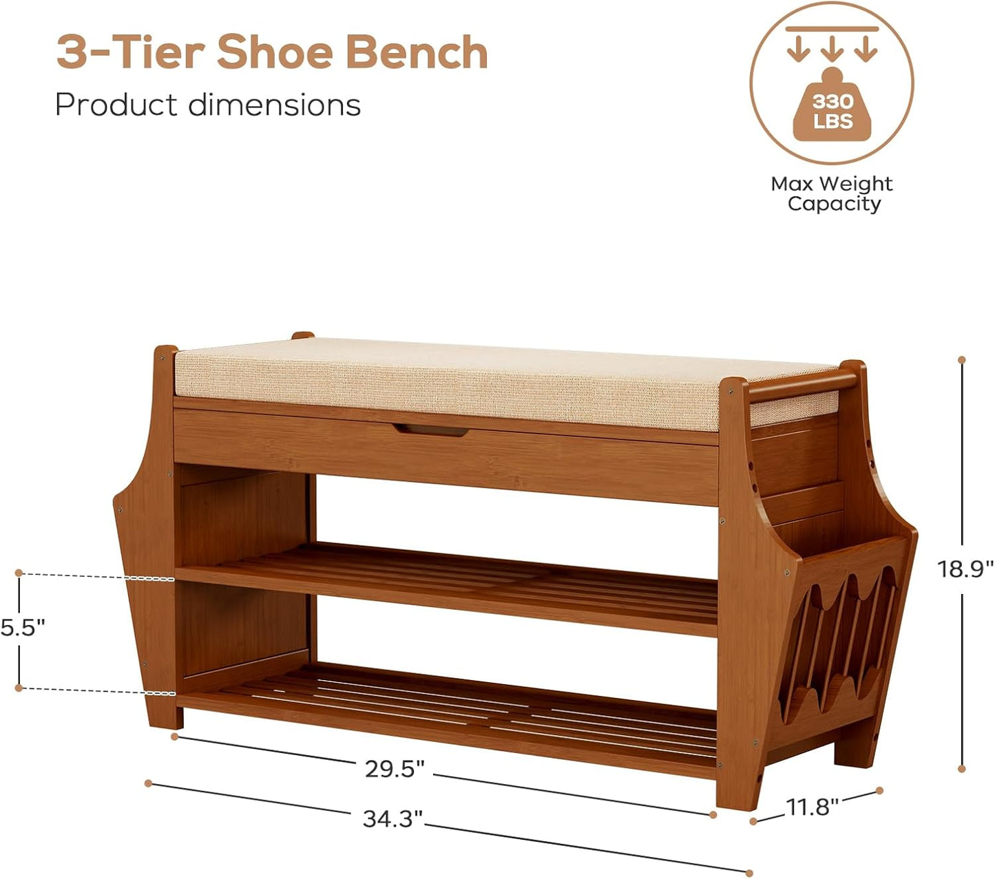 34.3in Shoe Bench, Bamboo 3-Tier Entryway Bench with Storage, Shoe Rack Organizer Holds Up to 330 lb, 34.3 x 11.8 x 18.9 Inches for Entryway Bedroom Closet Living Room Hallway