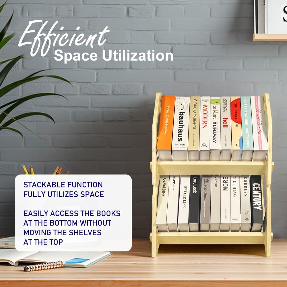 2 Pack Desktop Bookshelf, Stackable Book Organizer with Handle, Storage Rack for CD/Magazine/File Folder, Portable Small Bookshelf for Study, Living Room, Kid's Room, No Nails, Small Size