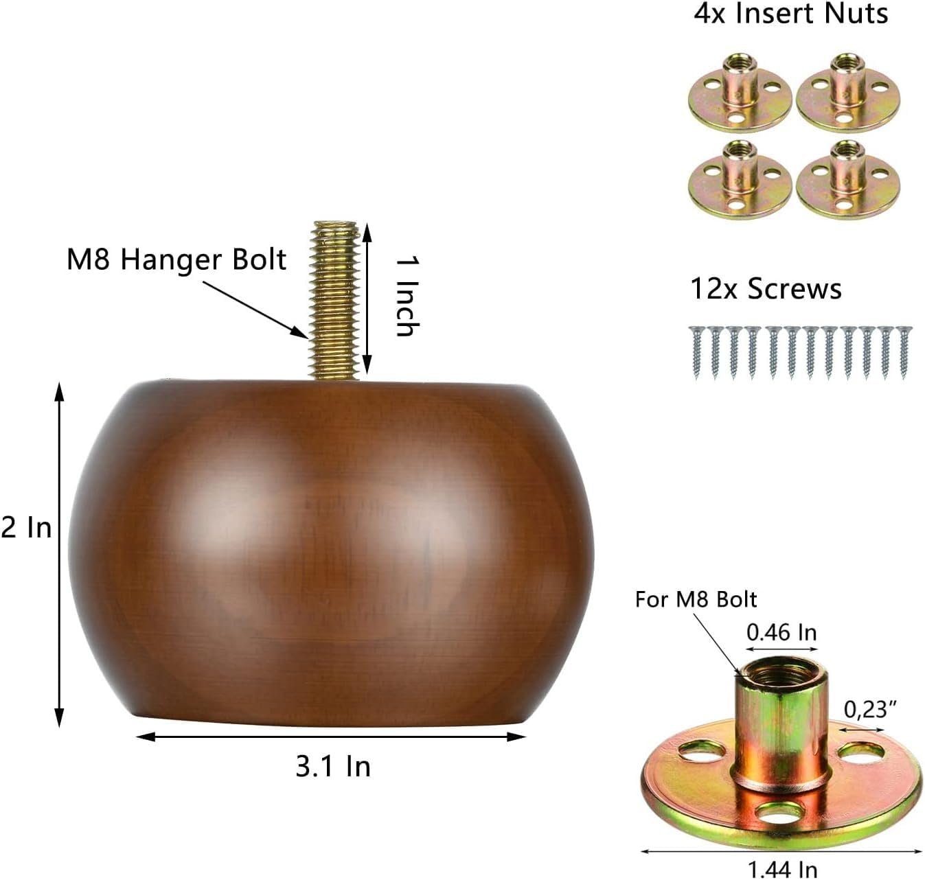 4PCS Wood Furniture Legs 2 inches Furniture Legs with Bolt Walnut Sofa Legs Couch Legs Replacement for Legs for Piano Bench, Chest-Turned-Coffee Table (Round Walnut)