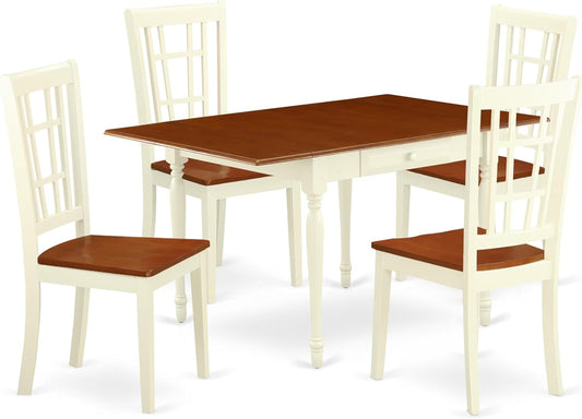 East West Furniture MZNI5-WHI-W 5 Piece Dining Table Set for 4 Includes a Rectangle Kitchen Table with Dropleaf and 4 Dining Room Chairs, 36x54 Inch, Buttermilk & Cherry