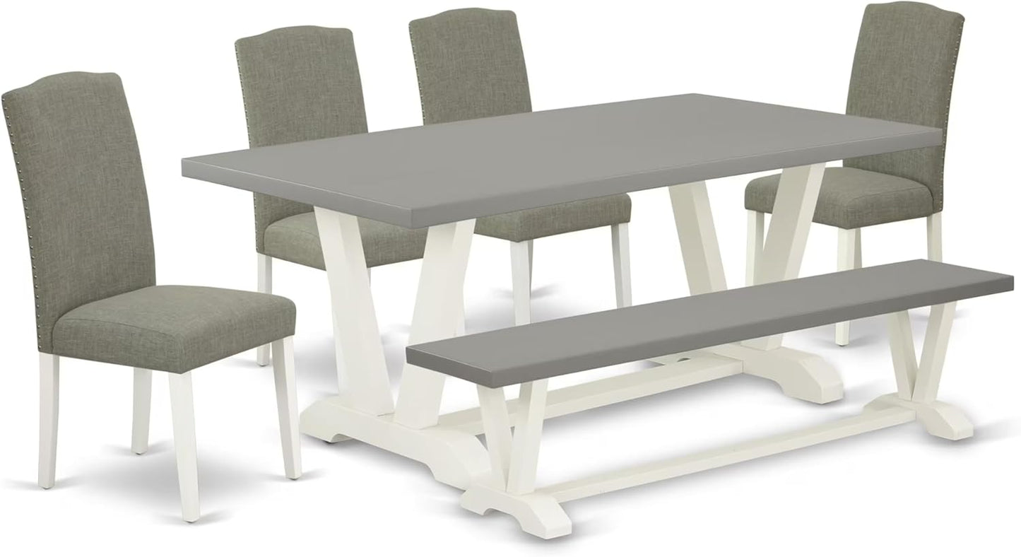 East West Furniture V097EN206-6 6 Piece Kitchen Table Set Contains a Rectangle Dining Table and 4 Dark Shitake Linen Fabric Upholstered Chairs with a Bench, 40x72 Inch, Multi-Color