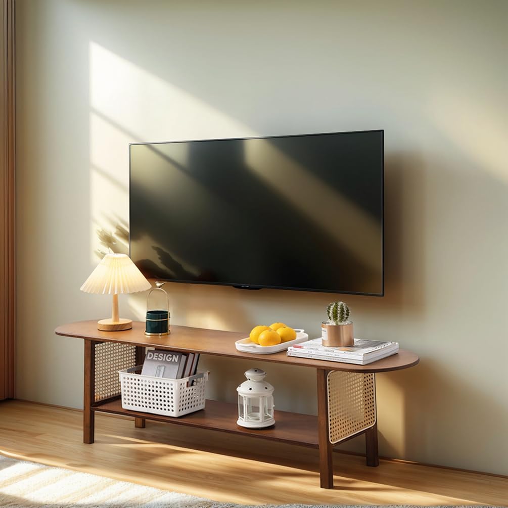 Tiita TV Stand with Storage for TVs up to 65'', Bamboo TV Console Entertainment Center with 2 Open Shelf, Mid Century Modern Media Console for Living Room, Bedroom, Walnut