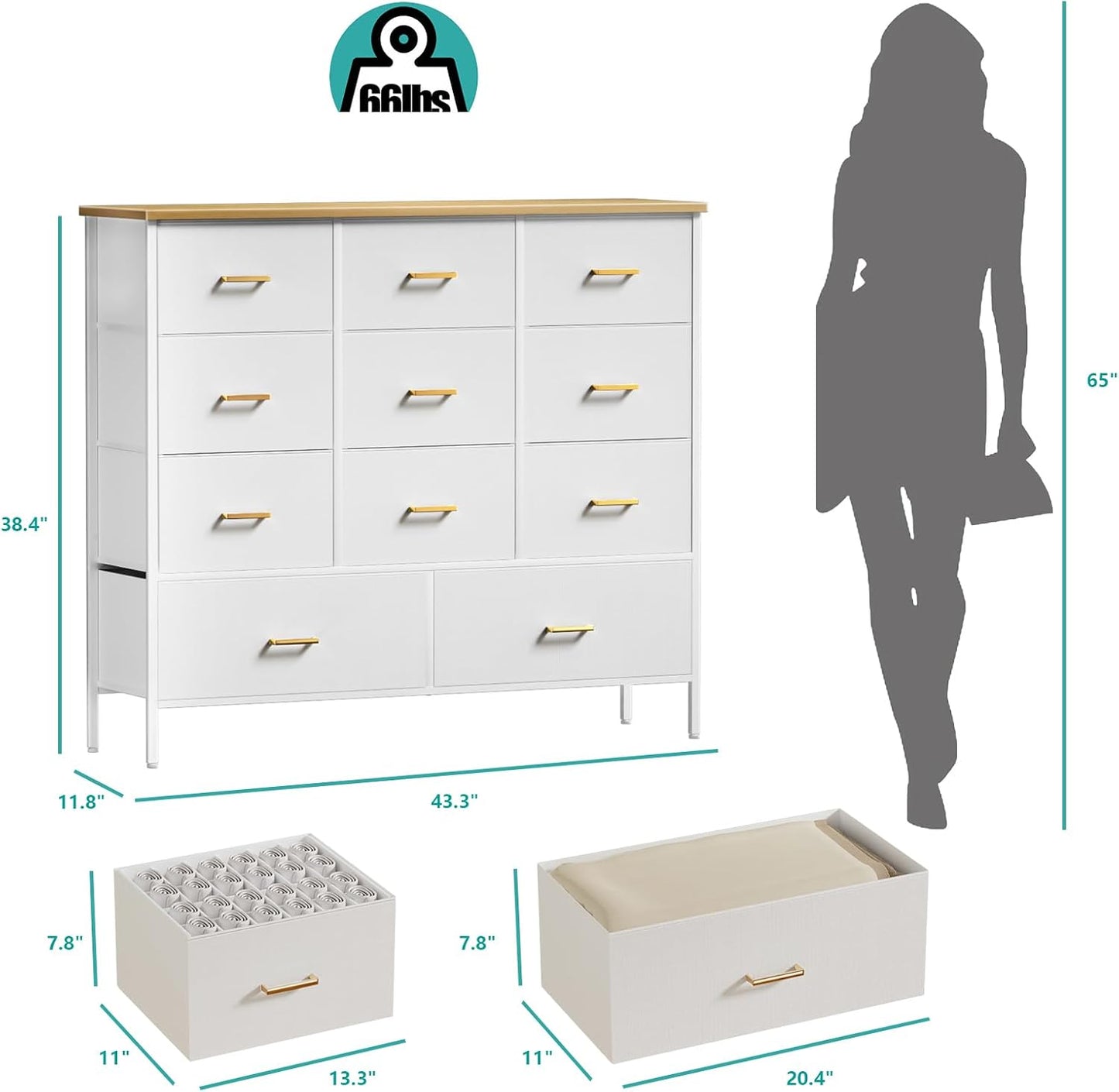 Wide TV Stand Modern TV Console, 11 Drawers Tall Dresser for Bedroom, Fabric Storage Cabinet, Chest of Drawers for Closet, Nursery, Living Room（White）