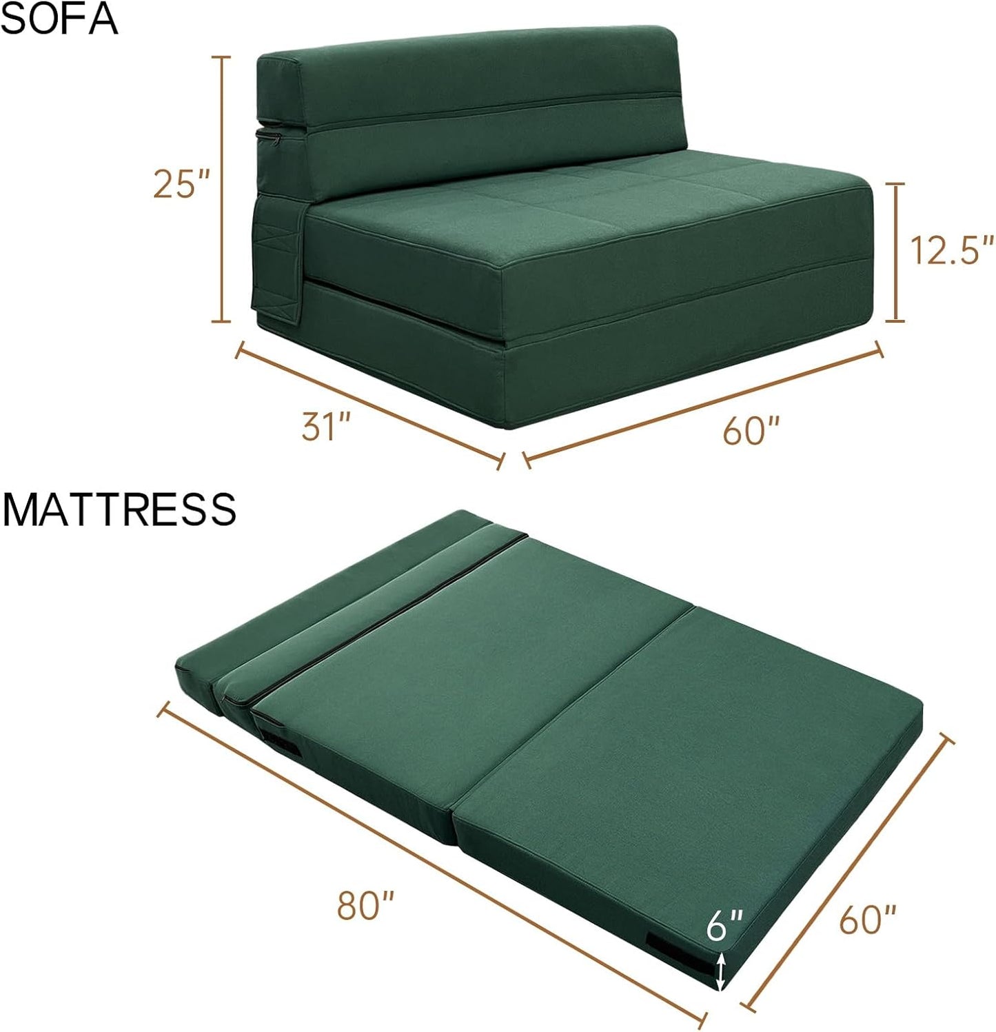 ANONER Fold Out Couch Bed Memory Foam Sleeper Chair with 2 Pillows, Queen Size Futon Couch Guest Convertible Chair Bed, Washable Cover, Dark Green