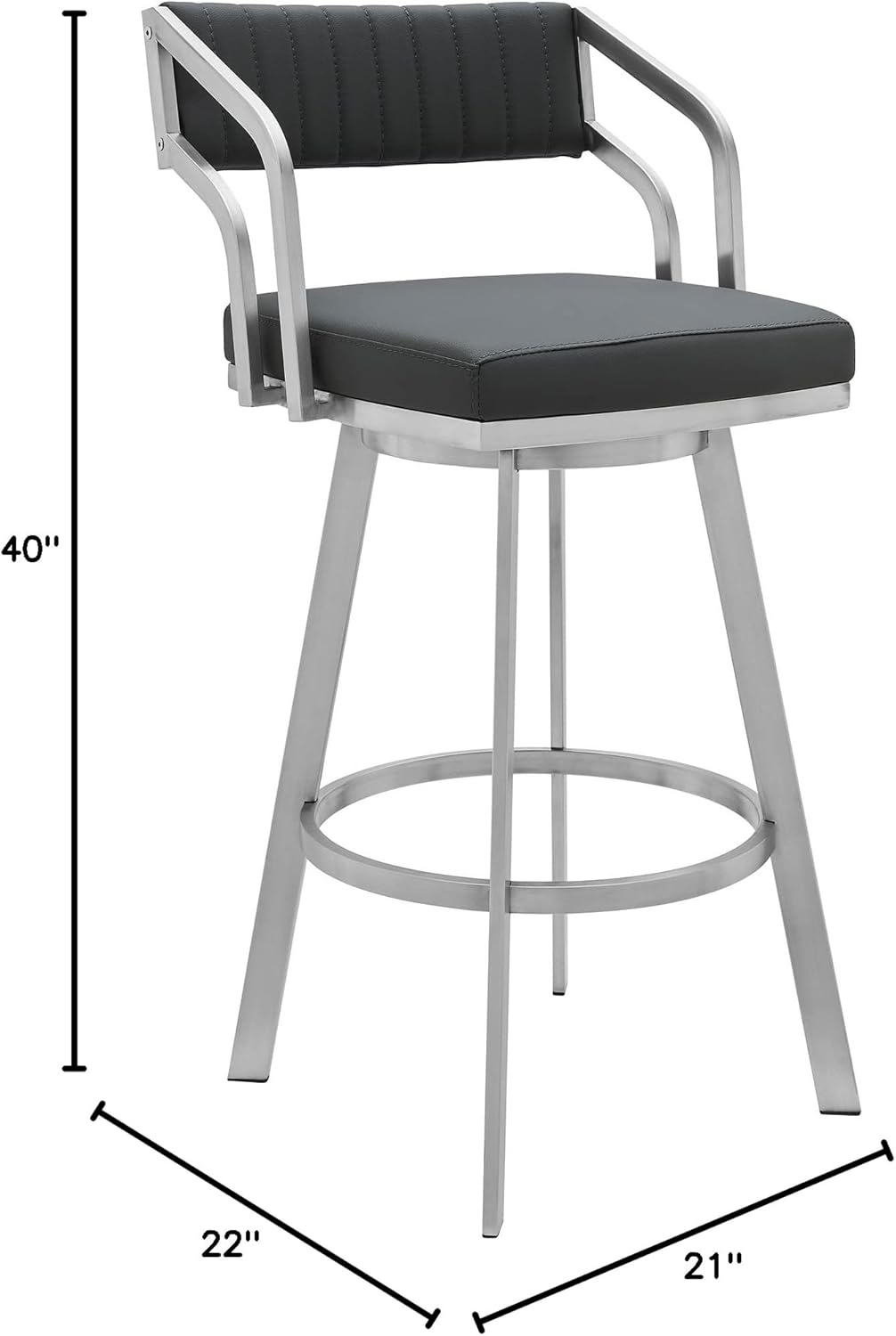 Armen Living Capri Modern 30" Seat Height Gray Faux Leather and Brushed Stainless Steel Metal Swivel Bar Stool for Kitchen Island Counter