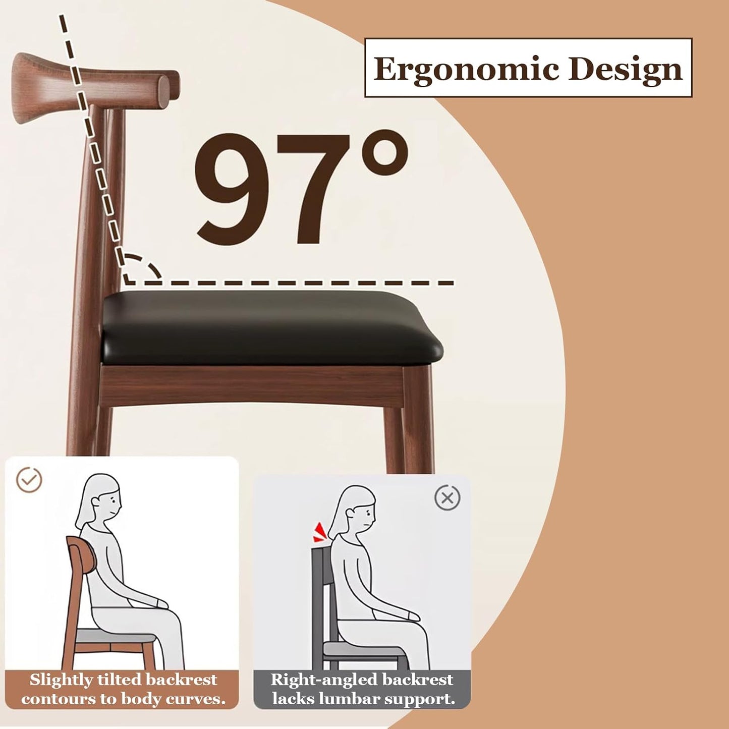 Solid Wood Dining Chair with Walnut Finish Mid Century Modern Upholstered PU Leather Dining Chairs with Curved Backrest for Dining Room, Kitchen, Study Room, Walnut Color