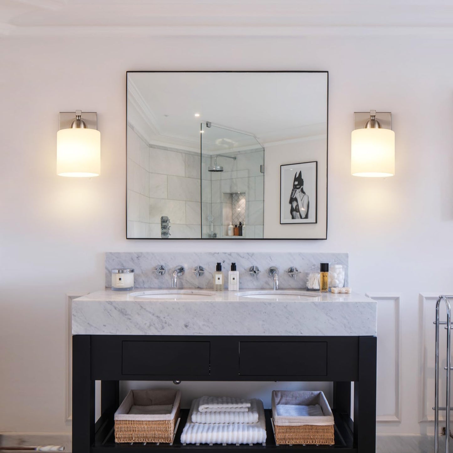 Brushed Nickel Milk Glass Wall Sconces, 1 Pack Hardwired Indoor Wall Light Fixtures for Living Room, Hallway, Bedroom, Ceramic E26 Sockets (Bulbs Not Included)