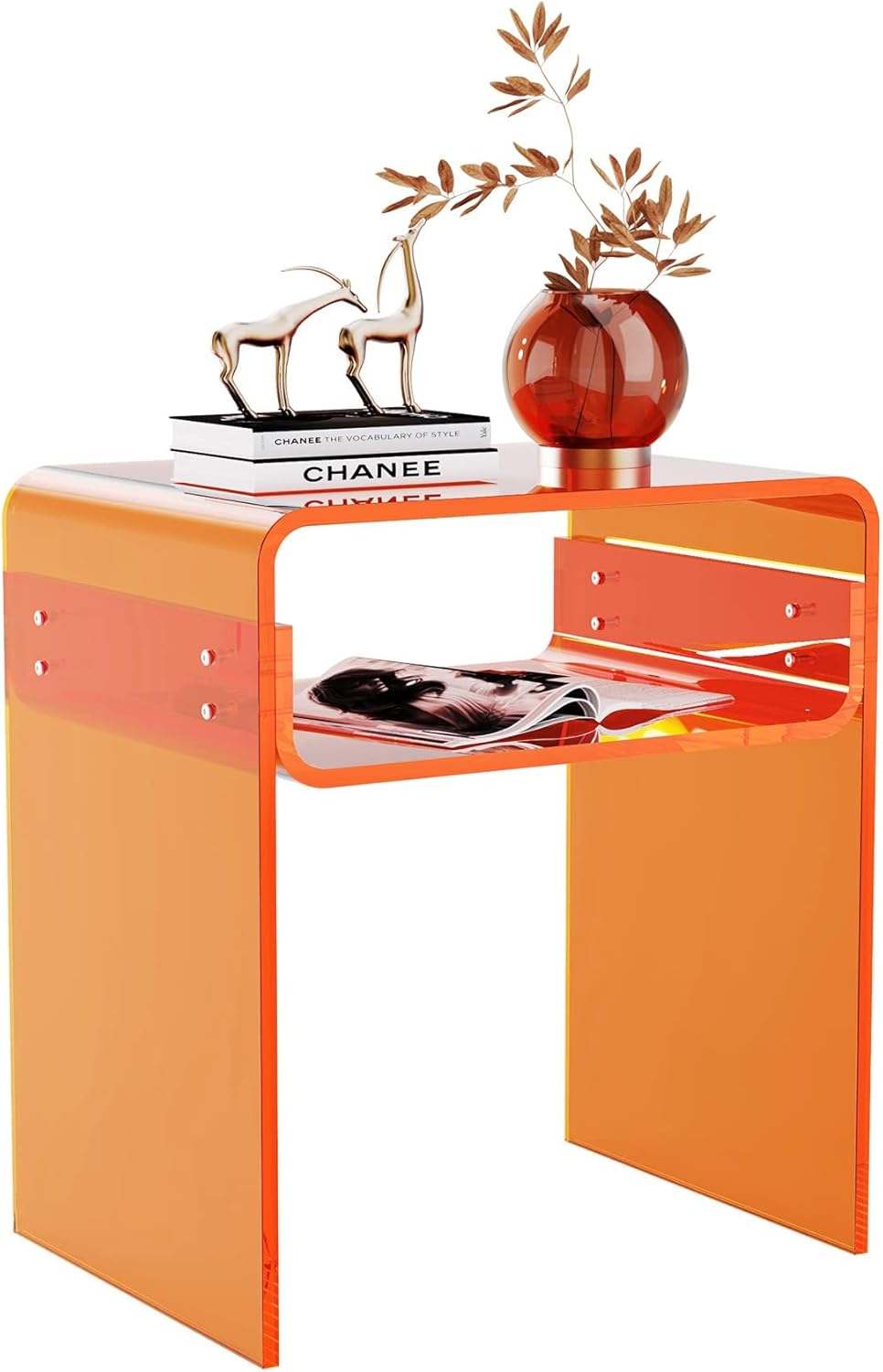 Clear Acrylic End Table 2-Tier Bedside nightstand for Living Room Bedroom Home Decor (Orange)