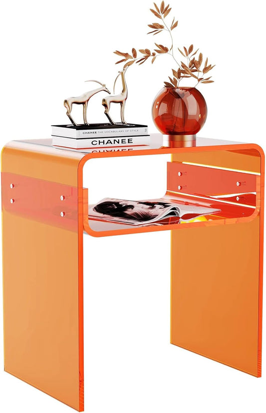 Clear Acrylic End Table 2-Tier Bedside nightstand for Living Room Bedroom Home Decor (Orange)