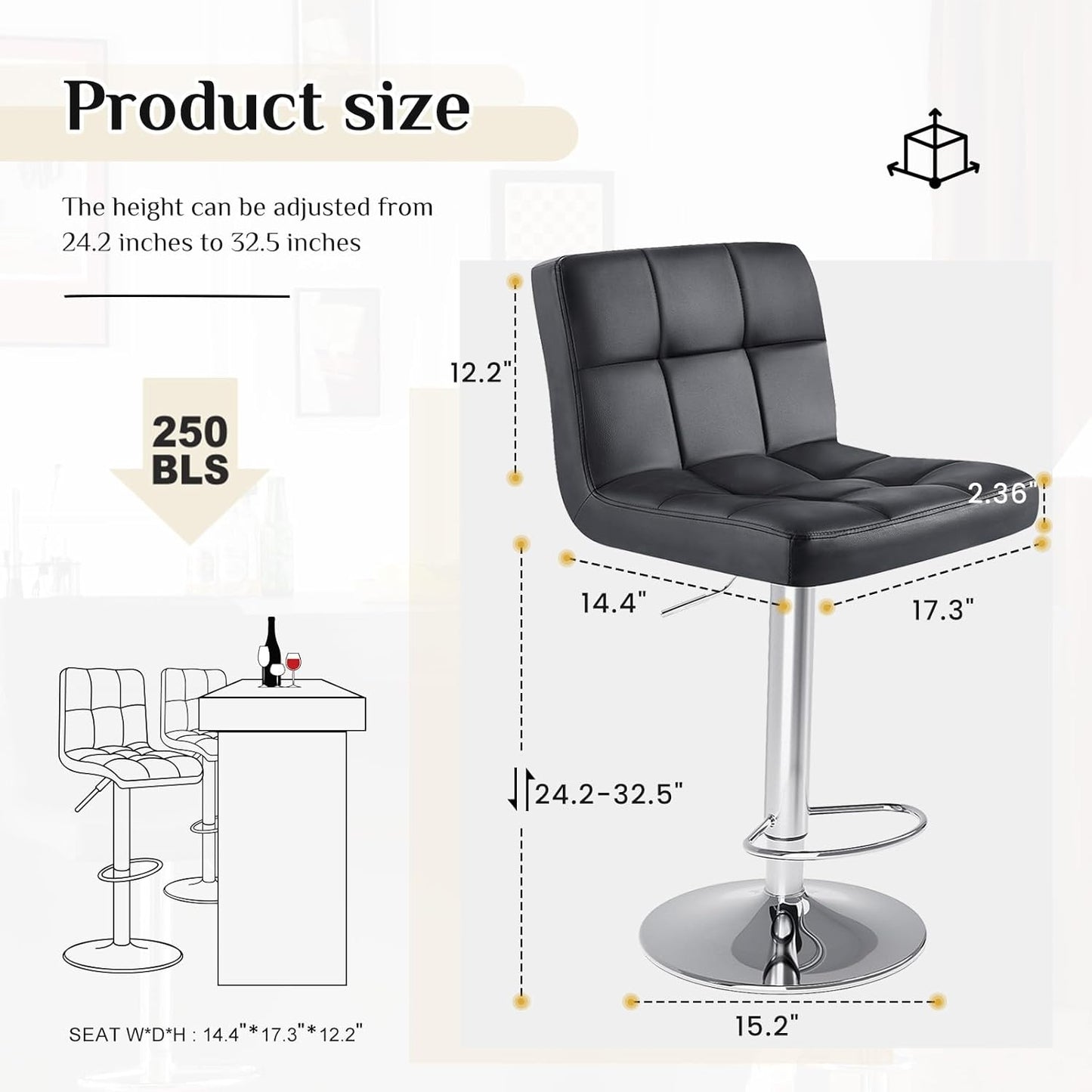 DUMOS Bar Stools Set of 2, Armless Adjustable Swivel Barstools, PU Leather Hydraulic Kitchen Counter Height Bar Stools, Thickened Seat Cushion Square Island Barstools with Back, Inky