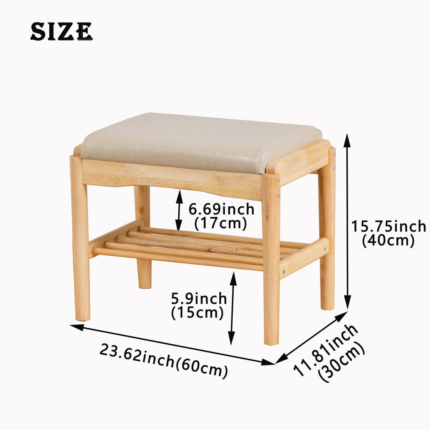 latifolia Small Shoe Bench, Solid Wood Bench with Cushion, 2 Tier Shoe Storage Organizer for Entryway(Nature,17.71''L)