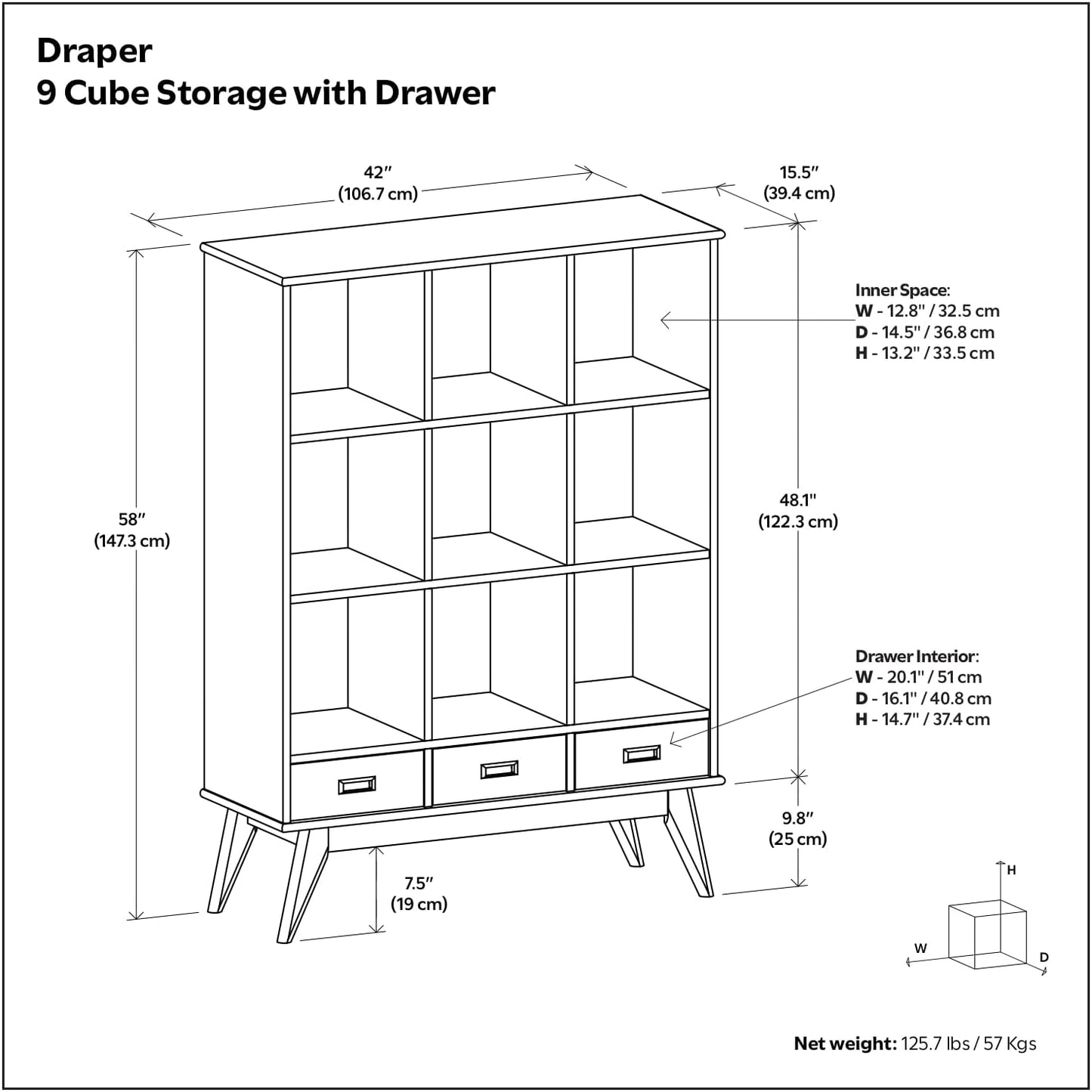 SIMPLIHOME Draper Bookcase - 58 inch Tall 9-Cube Solid Hardwood Cube Organizer with Drawers in Teak Brown, Mid-Century Storage for Living Room, Entryway or Bedroom with Cubbies and Angled Legs