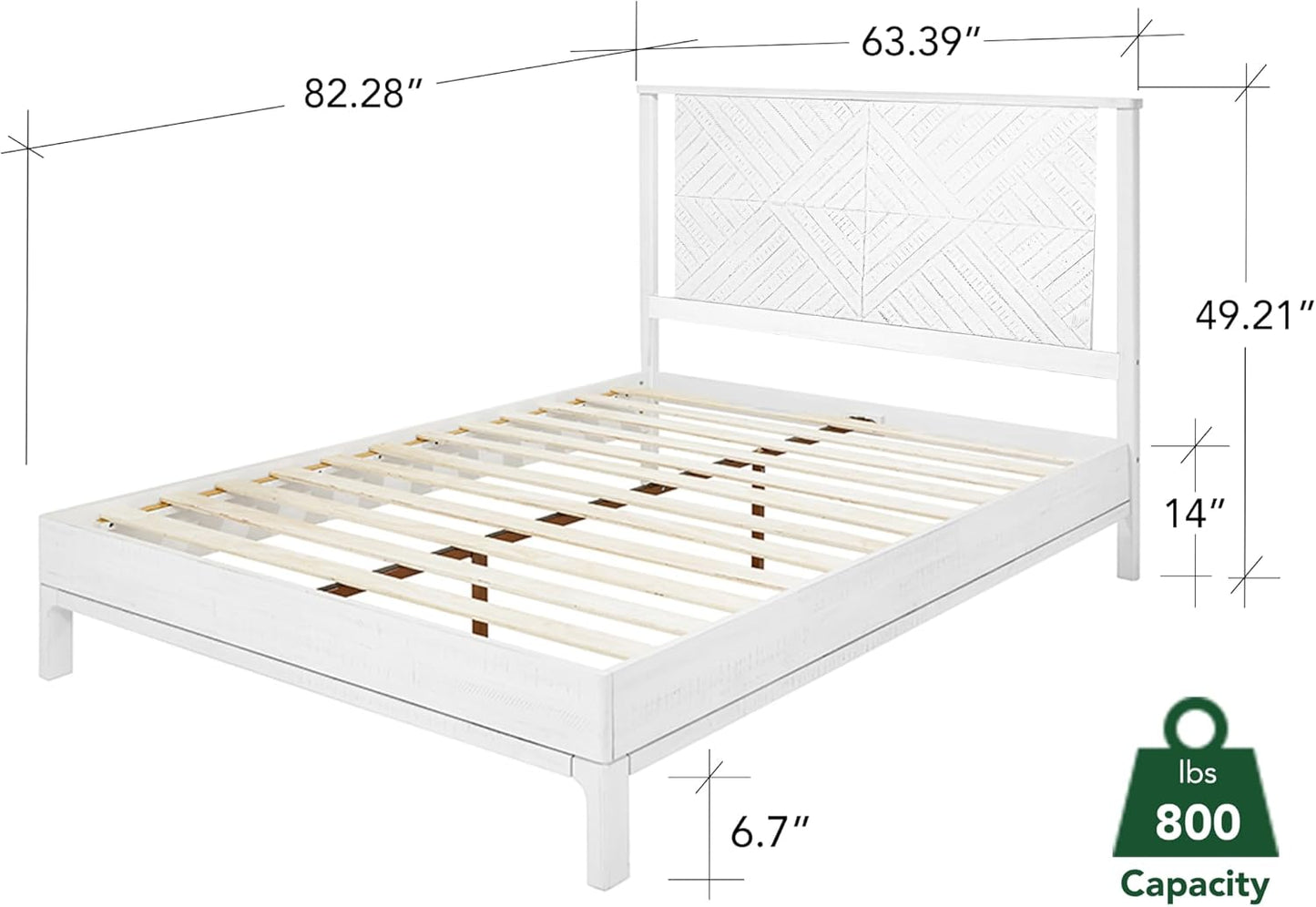 Bme Ethan Queen Bed Frame with Diamond Headboard, Mid-Century Modern, Solid Acacia Wood, No Box Spring Needed, Fits All Mattresses, Rustic White