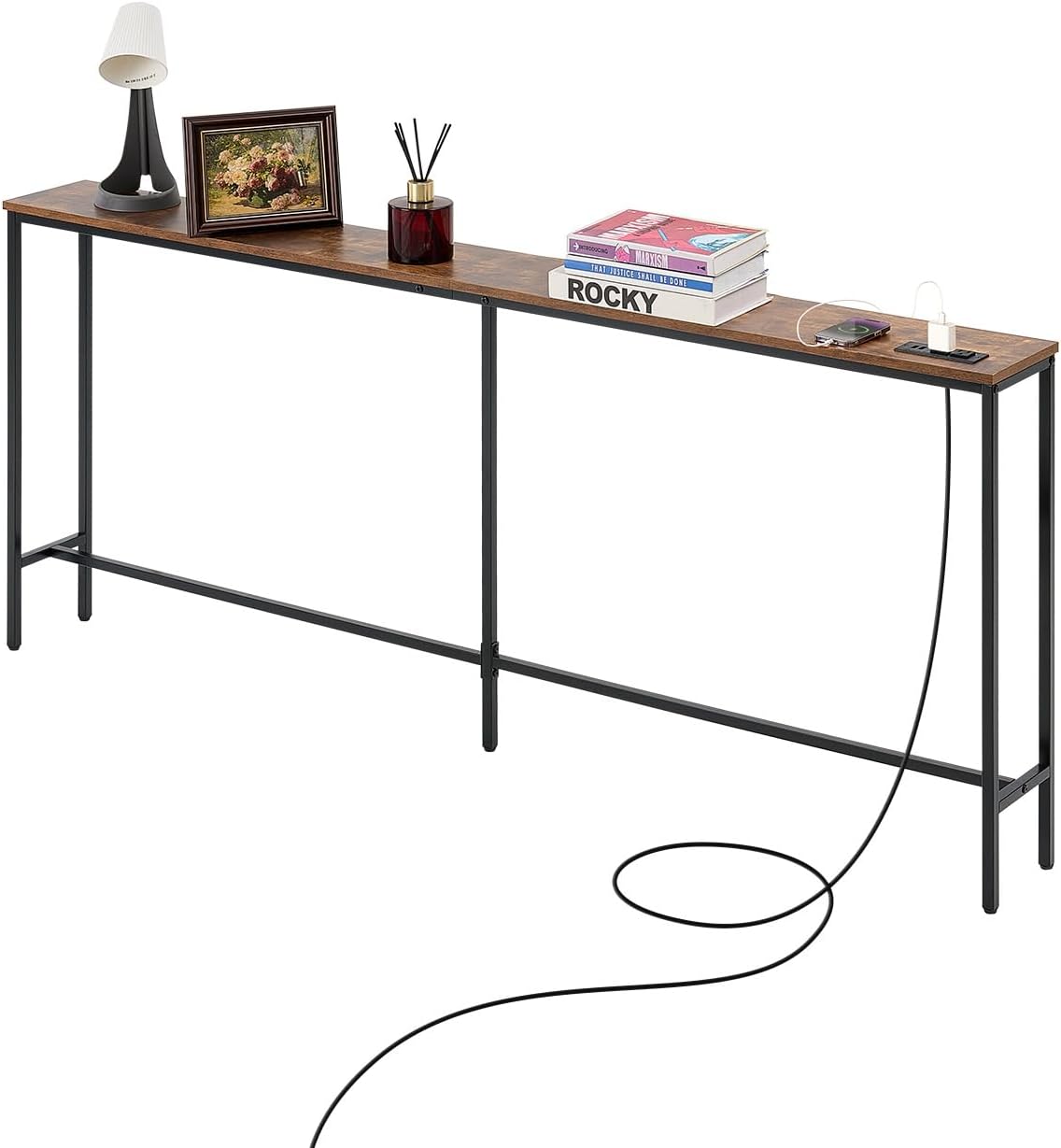 VEVOR Narrow Console Table, 70.9" Behind Couch Shelf with Power Outlets, 1-Tier Long Entryway Shelf, Narrow Sofa Table with Metal Frame and Charge Station, for Entryway, Hallway, Living Room